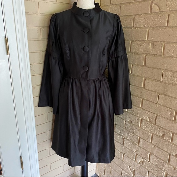 Oleg Cassini Black Puff Sleeve Button Front Dress Goth Alt Vamp Cocktail Size 6 - Picture 1 of 9